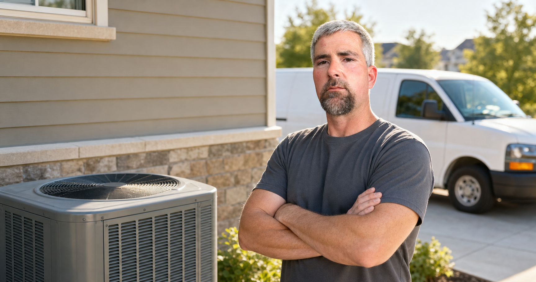 Josh Phillips servicing an outdoor HVAC unit with All Pro van